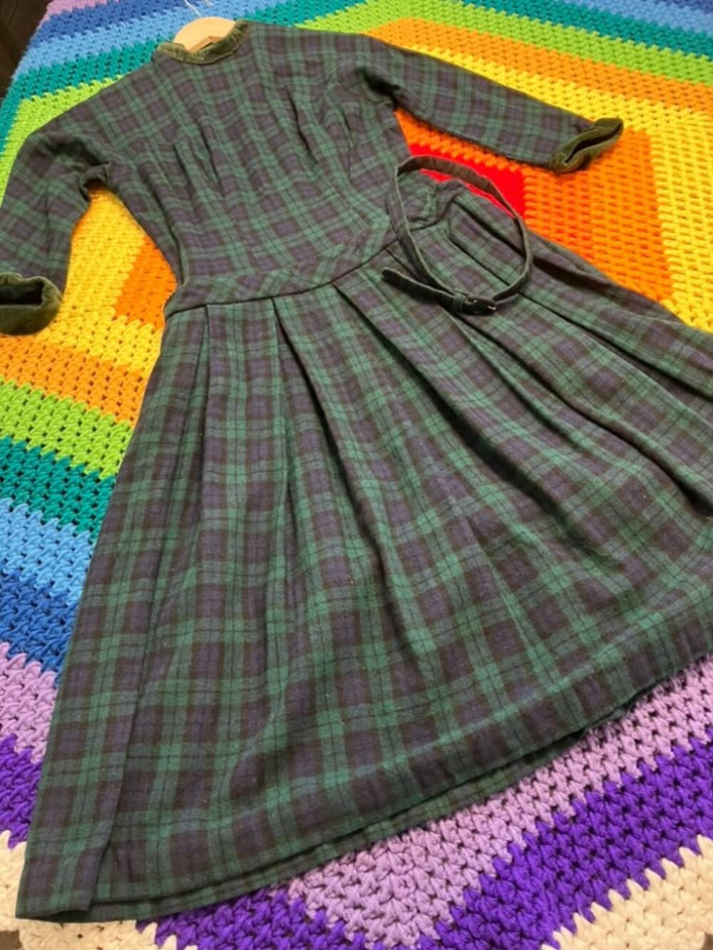 50's Vintage Teena Paige Wool Blue Green Plaid Dapper Tea Day Dress Belt